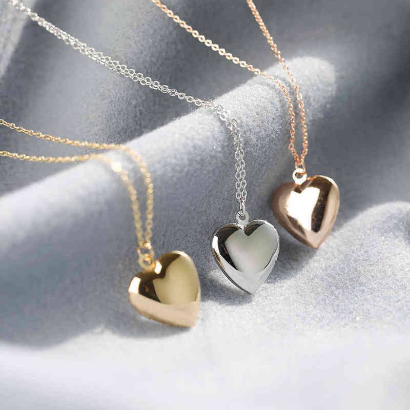 

Fashion Love Heart Locket Pendants for Women Men Openable Photo Frame Glossy Metal Necklaces Family Love Heart Necklace G1213
