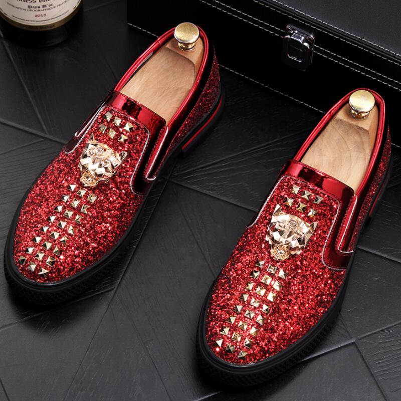 

New Luxury Men's Fashion Casual Shoes Gold/red Glitter Leisure Slip on Rivets Loafers Man Party Weeding c2
