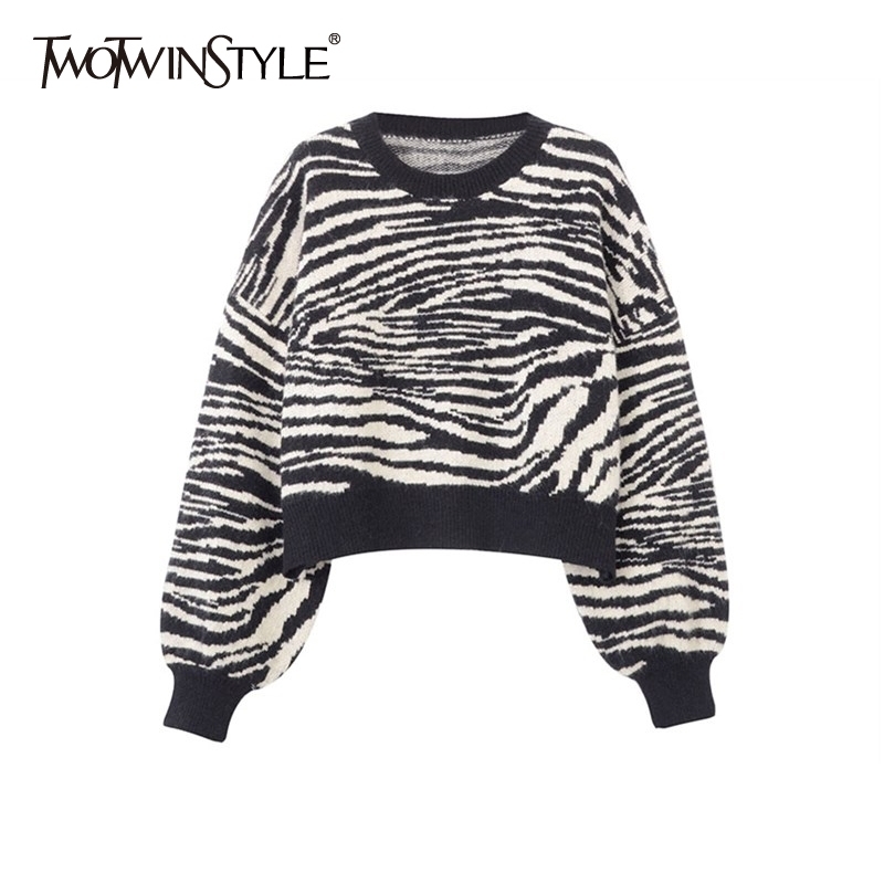 

Zebra Casual Short Knitted Tops For Women O Neck Long Sleeve High Street Chic Sweater Female Autumn Fashion 210524, Brown