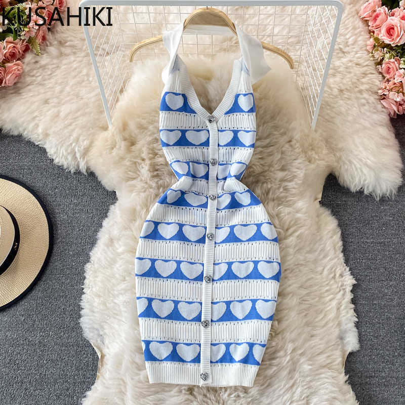 

KUSAHIKI Sexy Halter Knitted Bodycorn Dresses Korean Love Heart Printed Dresses Single Breasted Slim Sweater Vestidos 6H956 210602, Brown