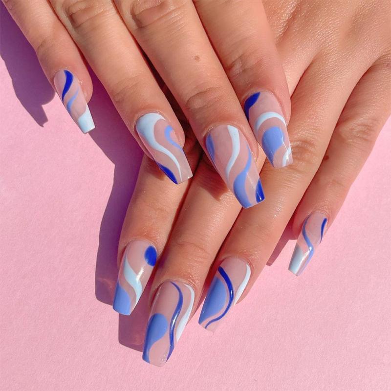 

False Nails 24Pcs Detachable Blue Wavy Style Short Square Head Fake Nail Art Tips Press On Manicure Artificial, 02(actually shorter)
