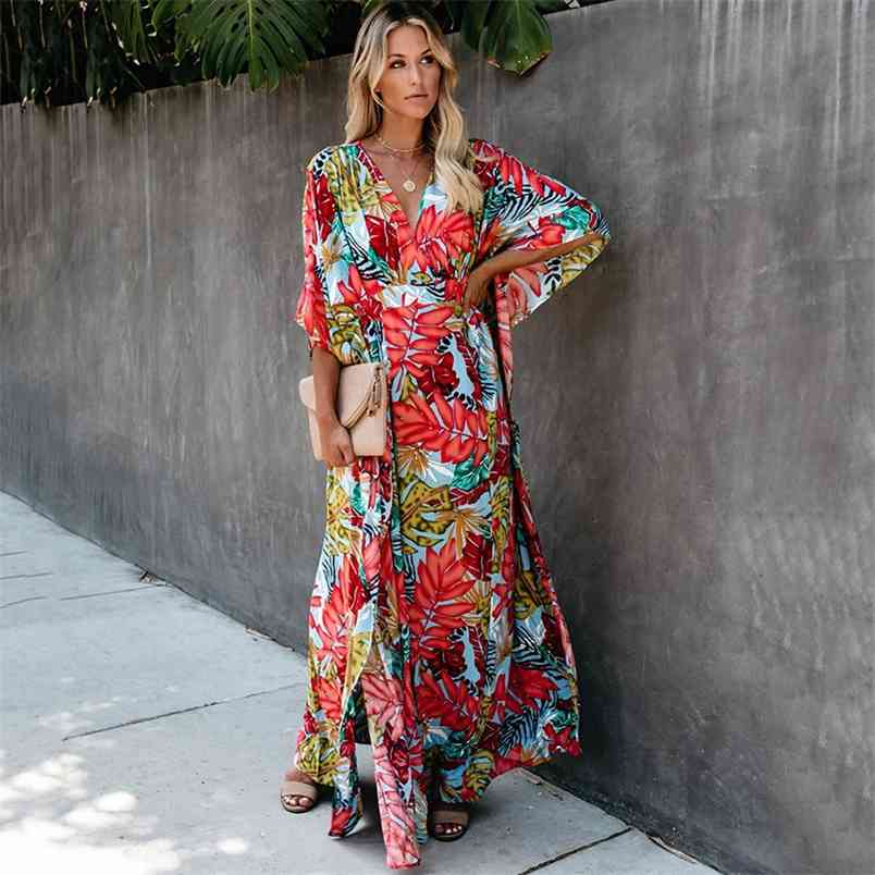 

Women Boho Summer Dress Beach Cover-Ups Female Sexy Deep V-neck Beachwear Tunic Floral Print Casual Loose Ladies Bikini Cover Up 210604, As show