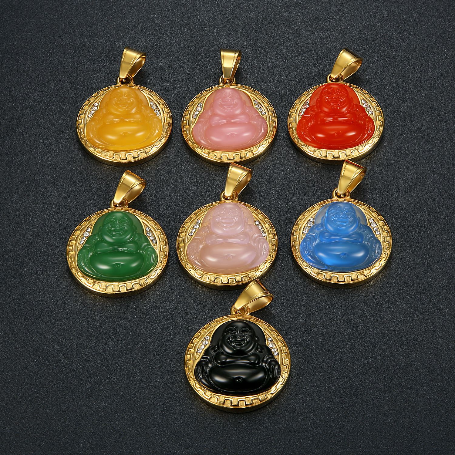 

Stainless Steel Laughing Buddha Pendant Necklace Hip Hop Disc Maitreya Buddhas Gem Necklaces Fashion Jewelry For Women