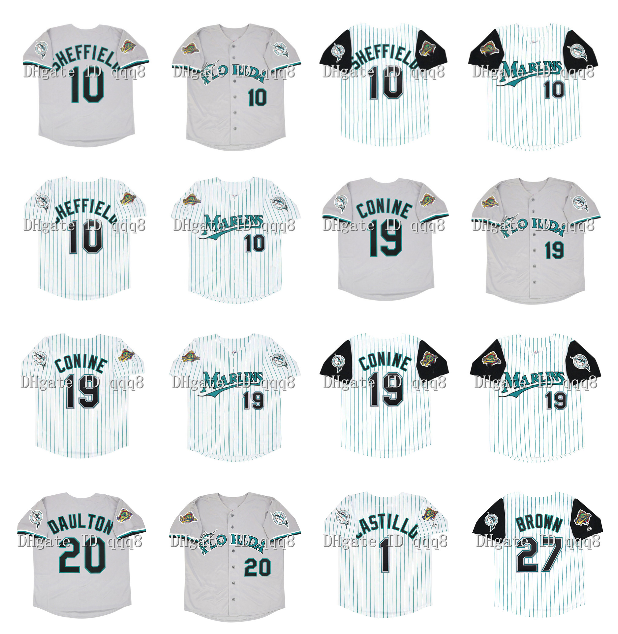 

Vintage 1997 World Series Gary Sheffield Florida Baseball Jersey Marlins Darren Daulton Jeff Conine Bobby Bonilla 27 Kevin Brown 1 Luis Castillo 28 Charles Johnson, As pic