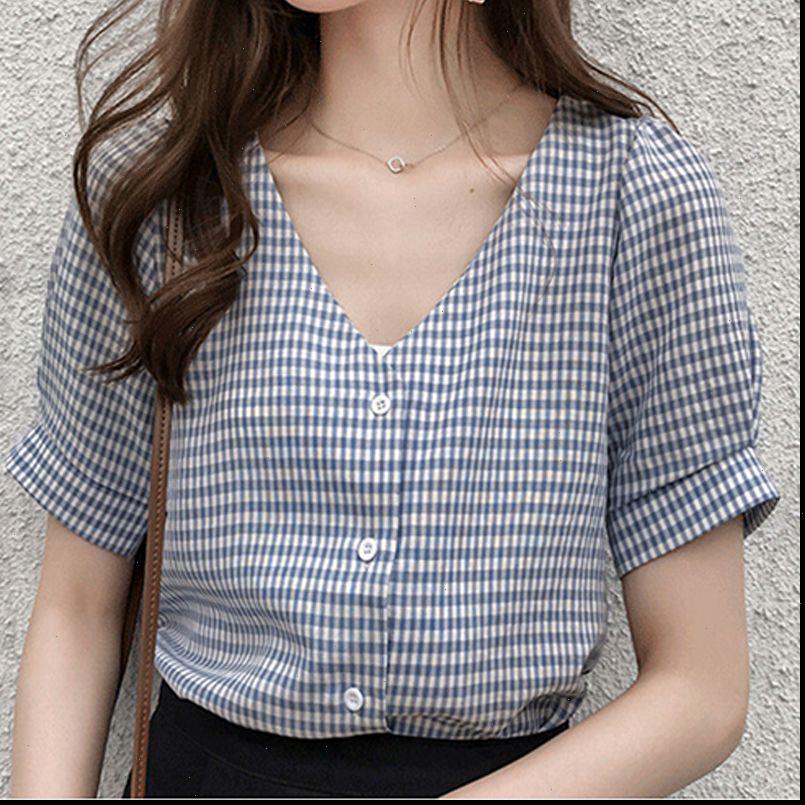 

V Neck blusas mujer de Women Blouses moda Short Sleeve Plaid Casual Blusa Feminina Lady Clothing, White