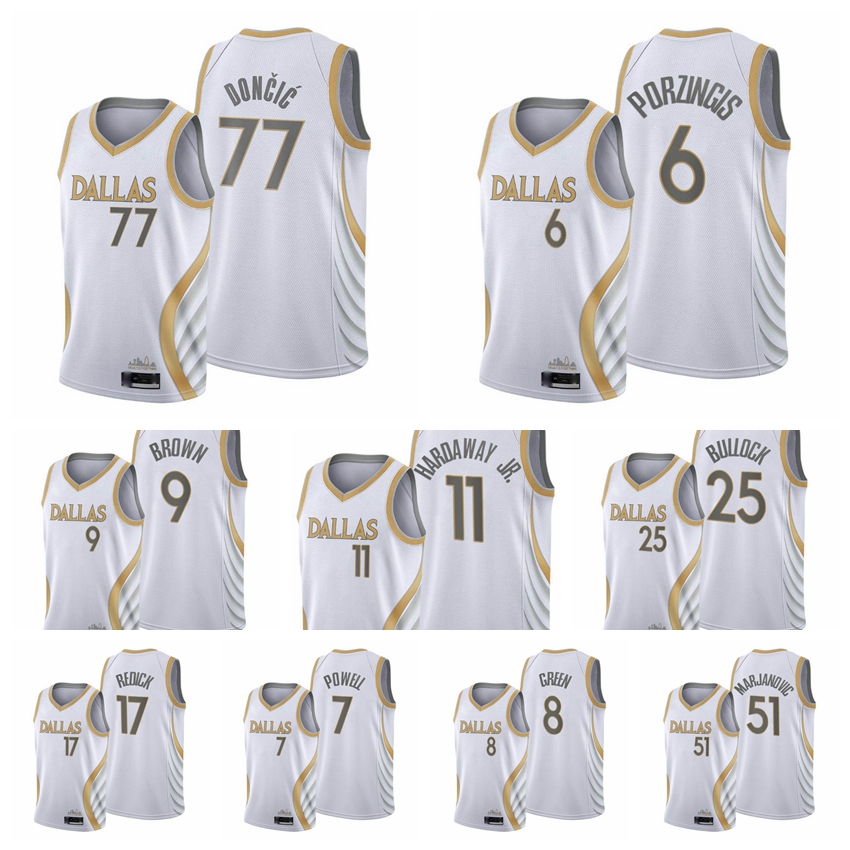 

DallasMavericksMen Luka Doncic Kristaps Porzingis Tim Hardaway Jr. Moses Brown Reggie Bullock Boban Marjanovic 2021-22 White Cit, Color1