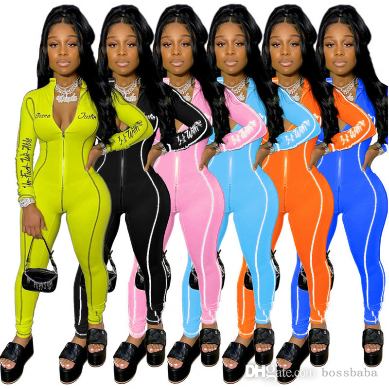 

Women Jumpsuit Designer Advanced Craft Fashion Letters Printed Zipper Stand-up Collar Line Stitching One-piece Slim Clothing Ladies Rompers, Yellow