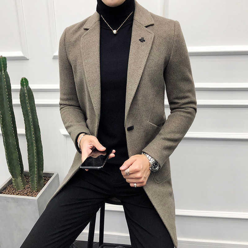 

Winter Wool Trench Coat Men High Quality Casual Long Coat Brand single breasted Warm Woolen Overcoat Male Jackets 210527, Black