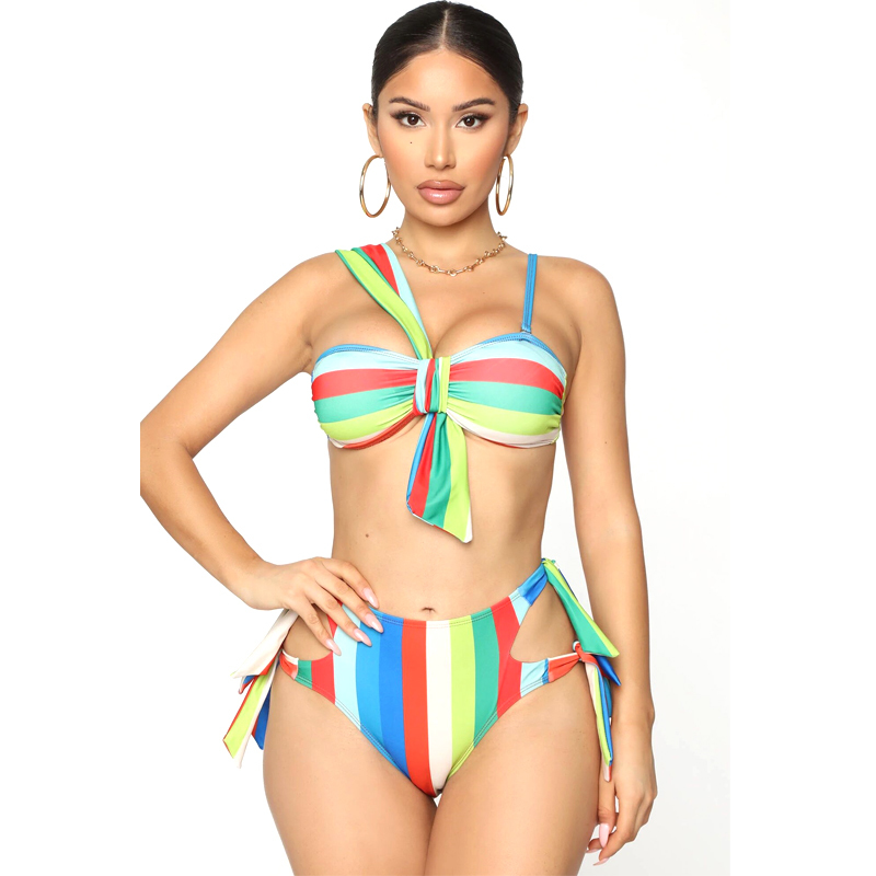 

Stripe Printed Bikini Push Up Swimsuit Female Bathing Suit String Thong Brazilian Sexy High Waist Swimwear Women 210520, Bandeau bikini