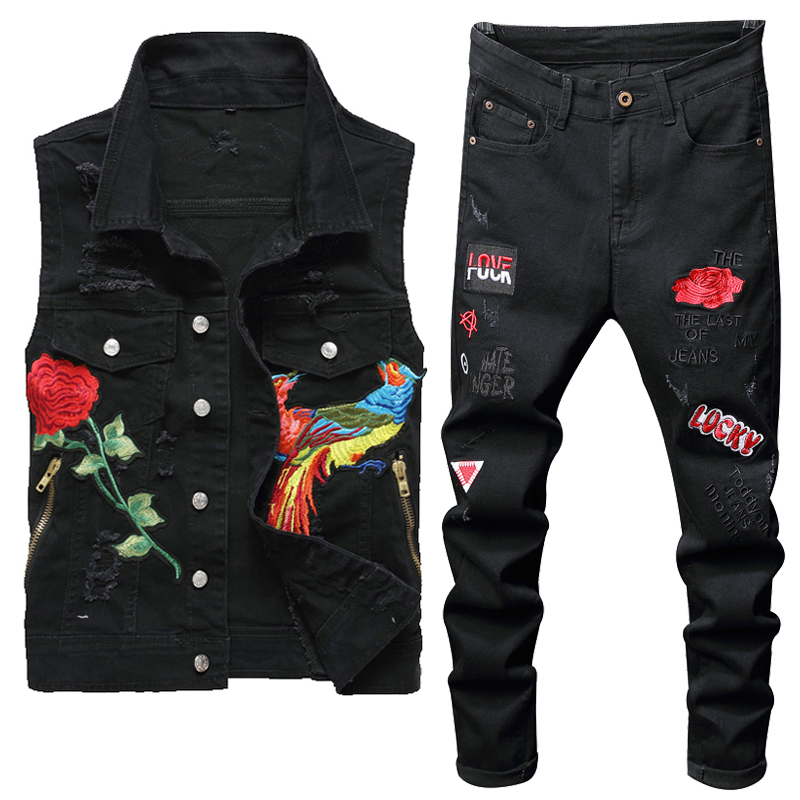 

2021 Spring Black Tracksuits Men' Rose Embroidery Hole Jeans Two Pieces Sets Turn Down Collar Phoenix Flower Denim Vest + Ripped Pants, Vest and pants 573+2023
