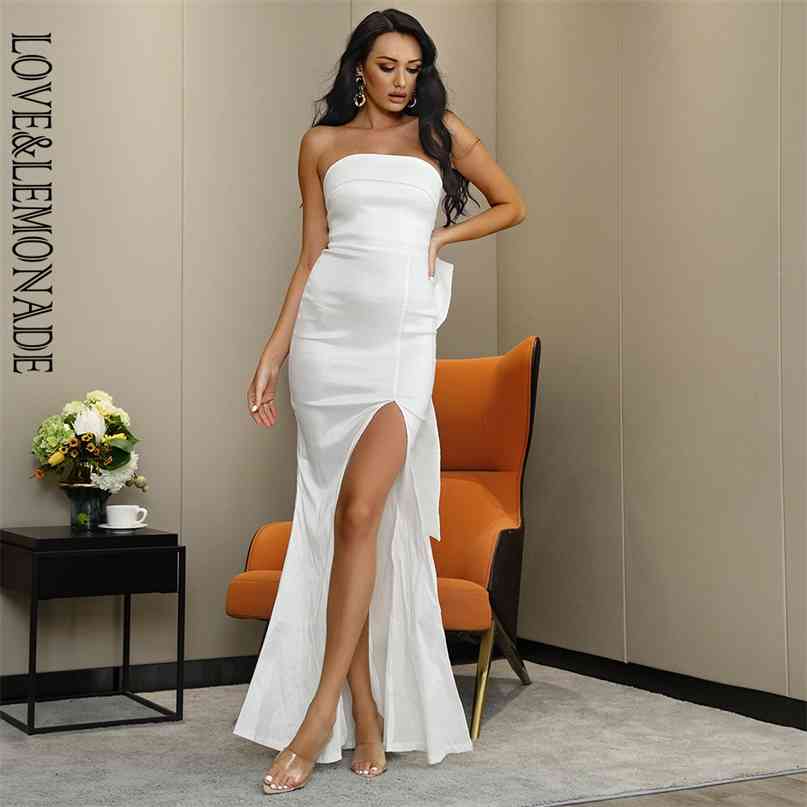 

Sexy White Tube Top Bodycon Whit Split Big Bow Decoration Elastic Material Maxi Dress LM82461 210602