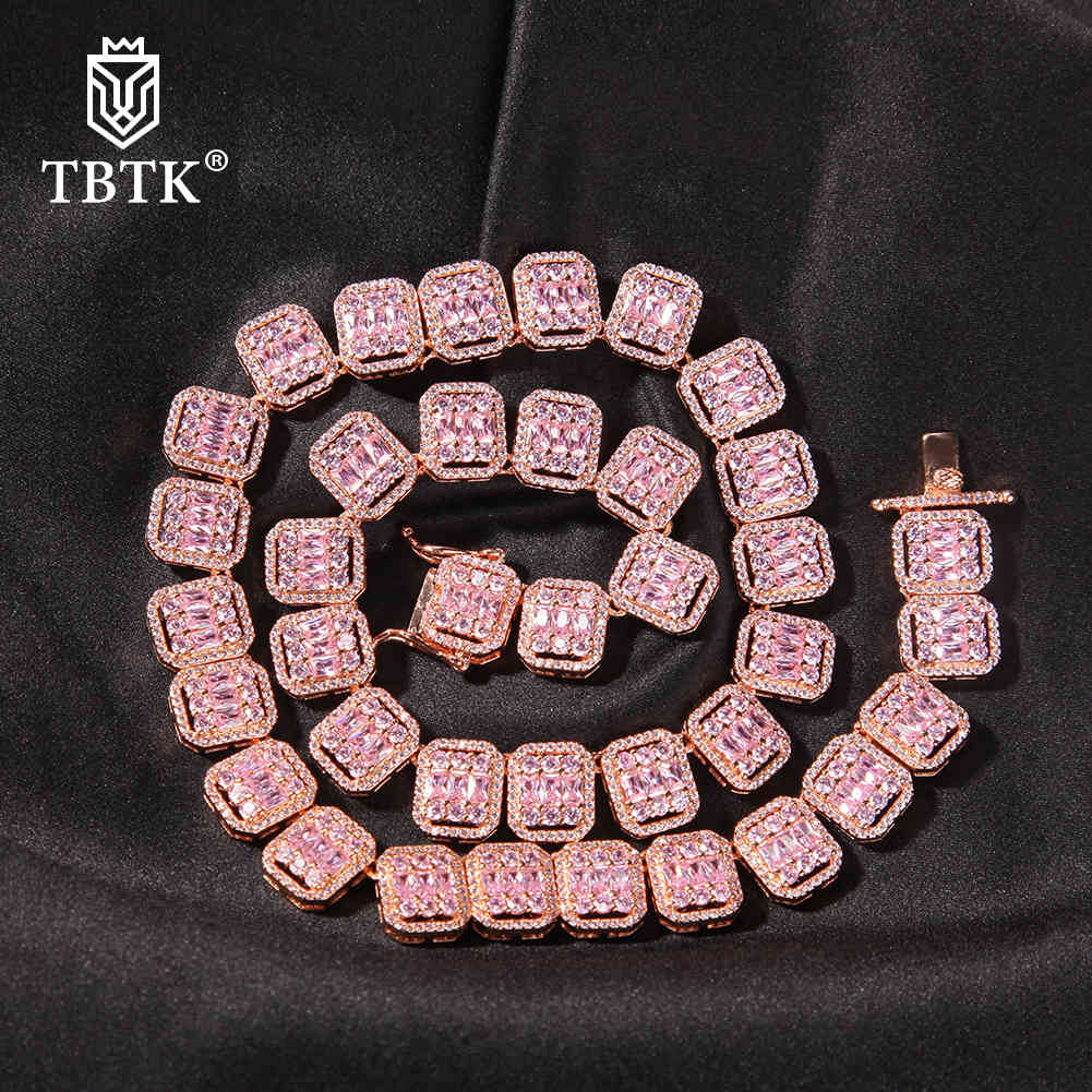 

TBTK 13mm Iced Out Square Baguette CZ Necklace Brass Link Chain Statement Fashion Charm Choker Necklace Hiphop Jewelry X0509