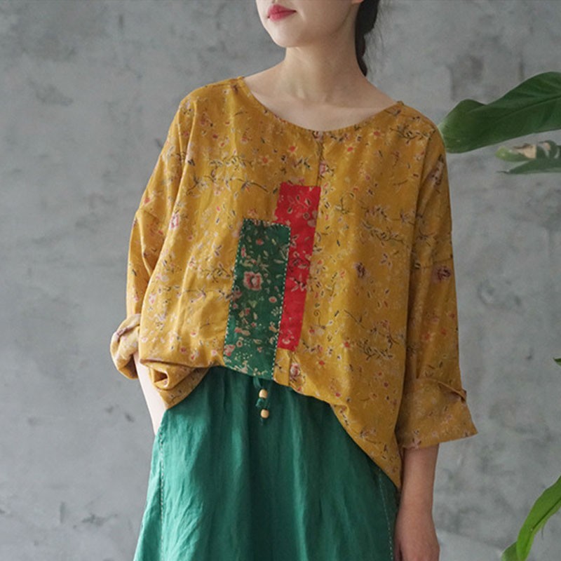

Johnature Autumn Loose Retro Patchwork Flower Print O-neck Long Sleeve Shirt Cotton Linen Comfortable Women Fashion Top 210521, Yellow