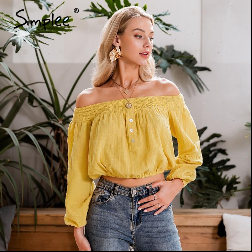 

Vintage Women Shirt yellow solid blouse Off shoulder crops tops and Sexy summer holiday long sleeve shirts top, White