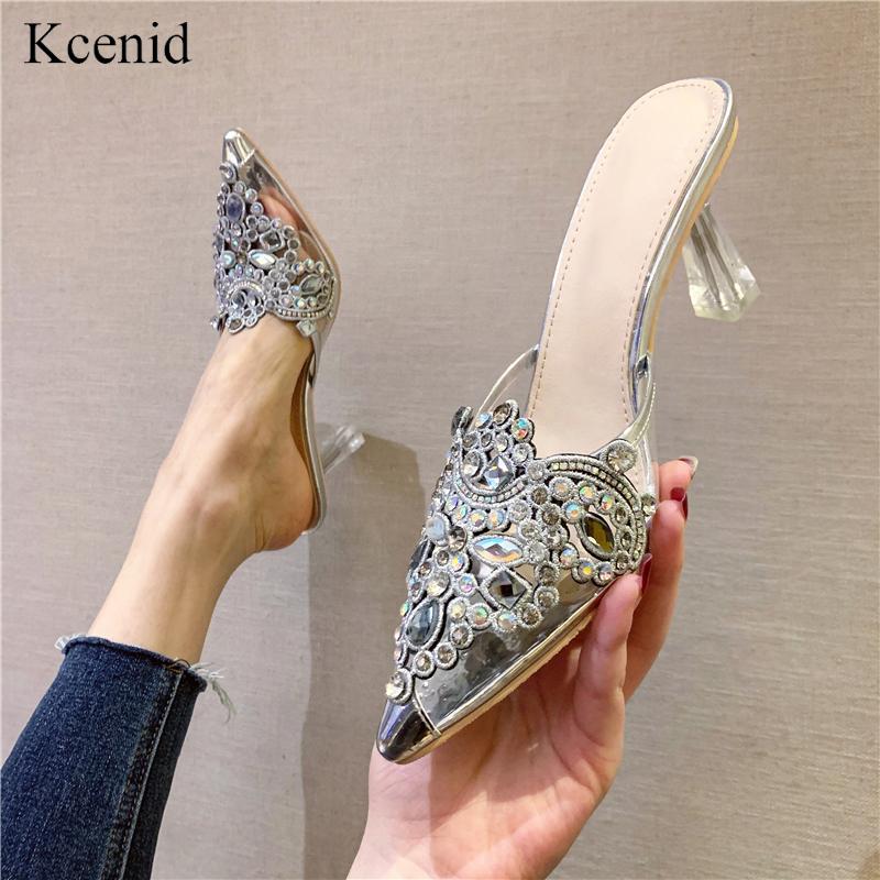 

Slippers Kcenid Fashion Silver Gold Transparent PVC Sandals Rhinestone Women Sexy Pointed Toe Crystal Heel Dress Party Shoes, Black