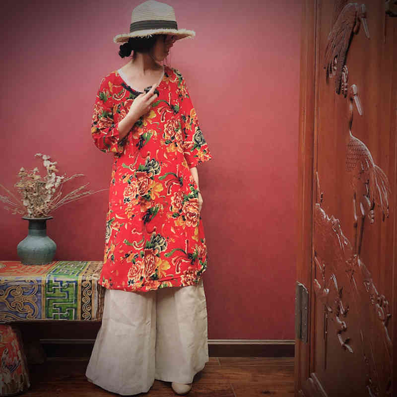

Johnature Spring Cotton Linen Print Flower Button Dresses Comfortable Long Sleeve Women Retro Vintage Dress 210521, Red
