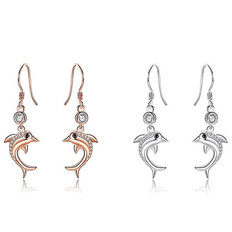

Romantic Zircon Dolphin Rose Gold Drop Earrings For Women Jewelry Fashion Lady S925 Sterling Earring Girl Shining Accessories Dangle & Chand, Silver