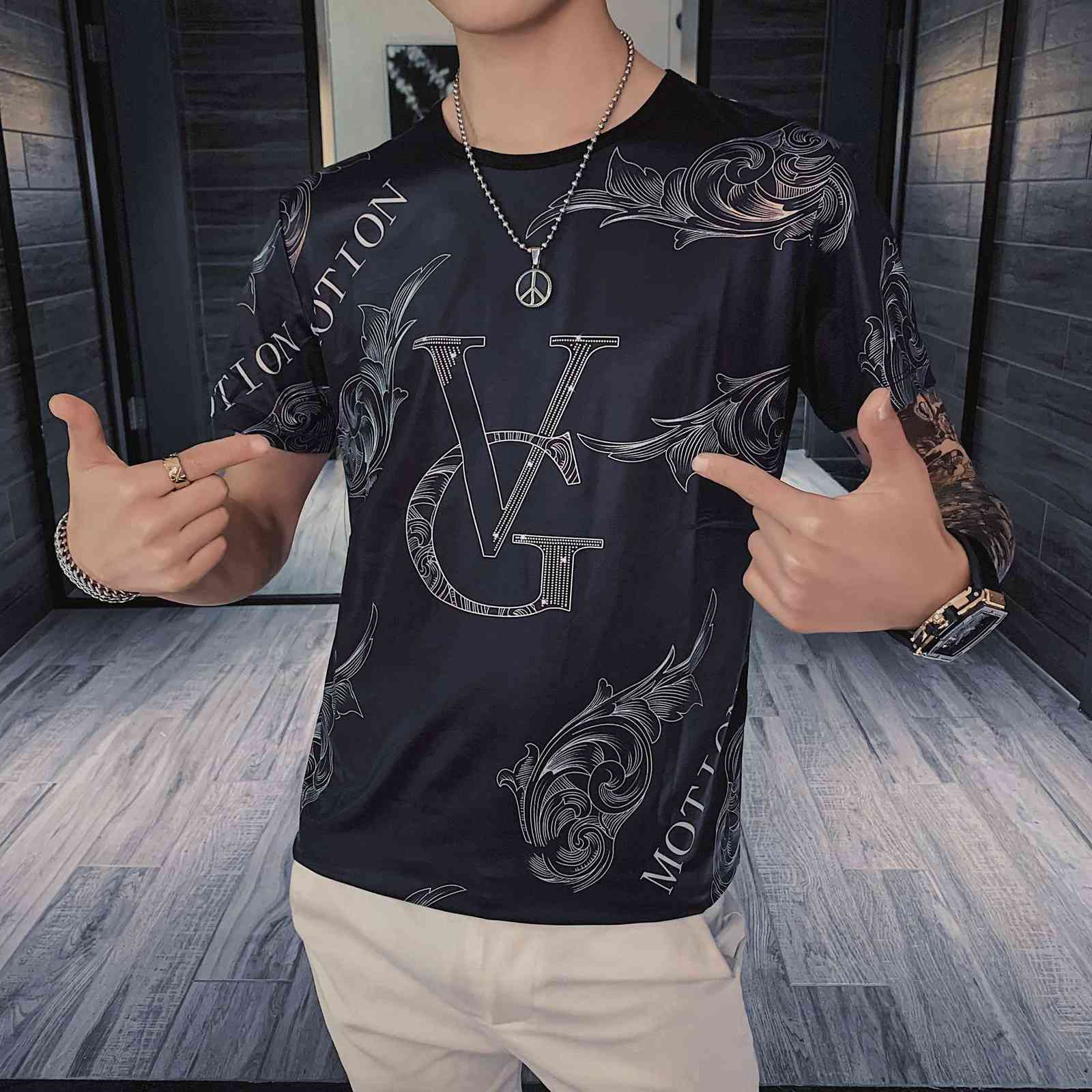 

Summer Casual T-Shirt Men Short Sleeve T Shirt Luxury Print O-neck Tops Tees Streetwear Social Clothes Camiseta Masculina 210527, Black