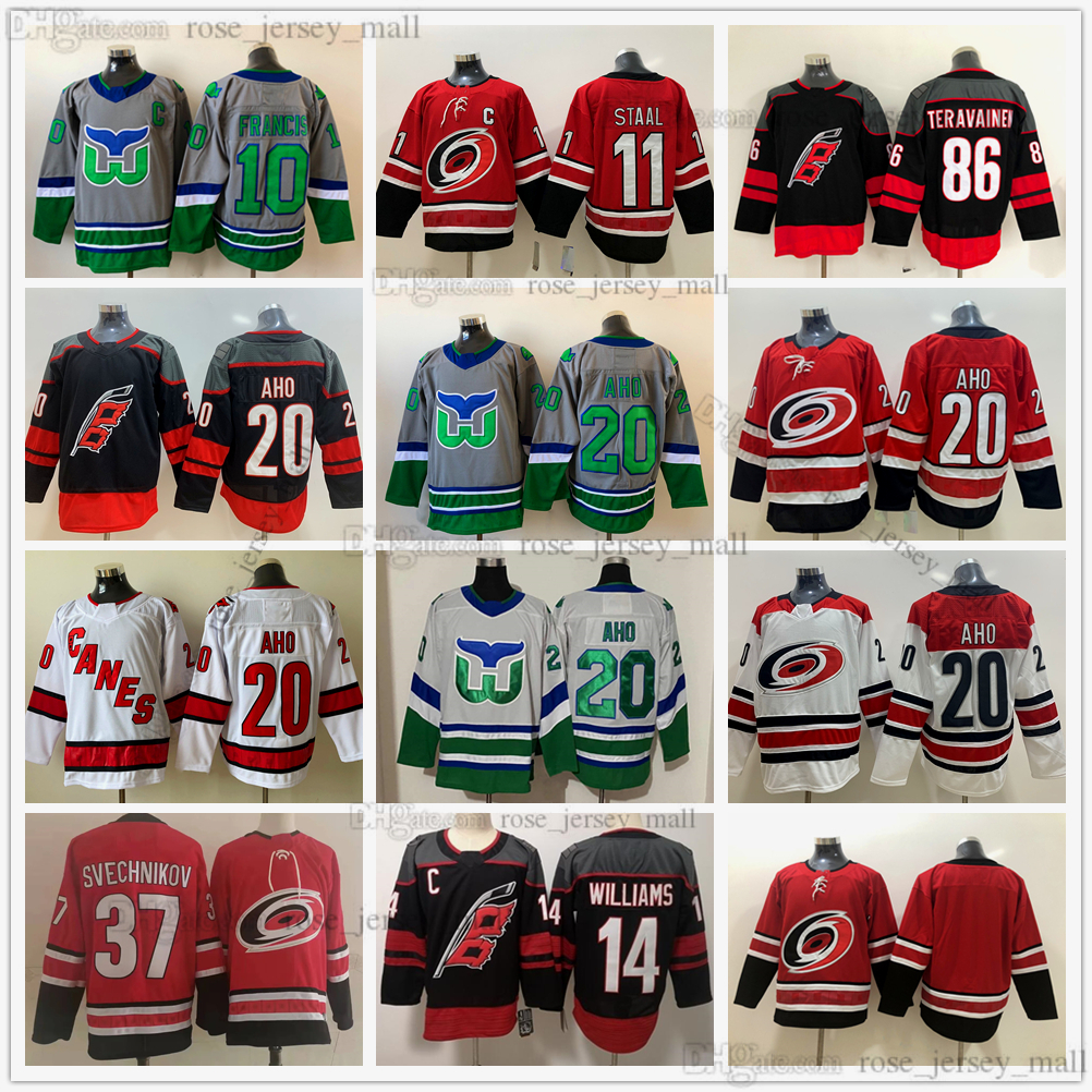 

Carolina Hurricanes Reverse Retro Ice Hockey 11 Staal Jerseys 20 Sebastian Aho 37 Andrei Svechnikov 10 Ron Francis 86 Teuvo Teravainen 14 Ju, Black;red