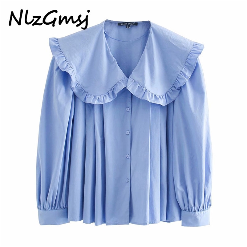 

Women Fashion With Peter Pan Collar Ruffled Blouses Vintage Long Sleeve Button-up Female Shirts Chic Tops 210628, As picture