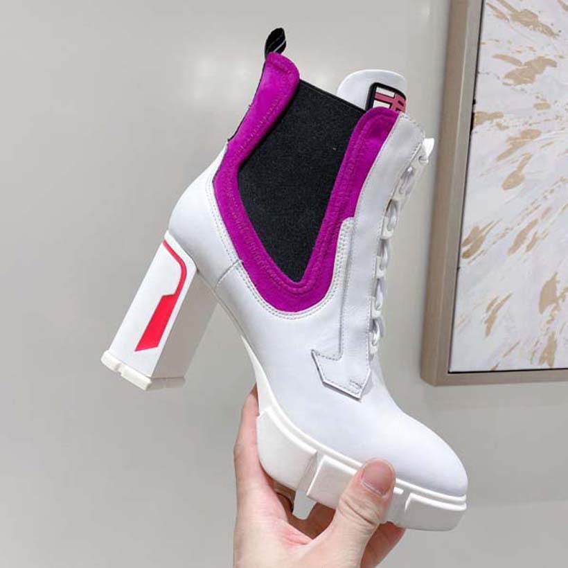 

Designer Boots Women Ankle Boot Martin Chaelsea Booties Leather And Nylon Fabric Lacing Two Materials Triangular Logo Tyre Raised Soles Luxury Shoe With Box, #18