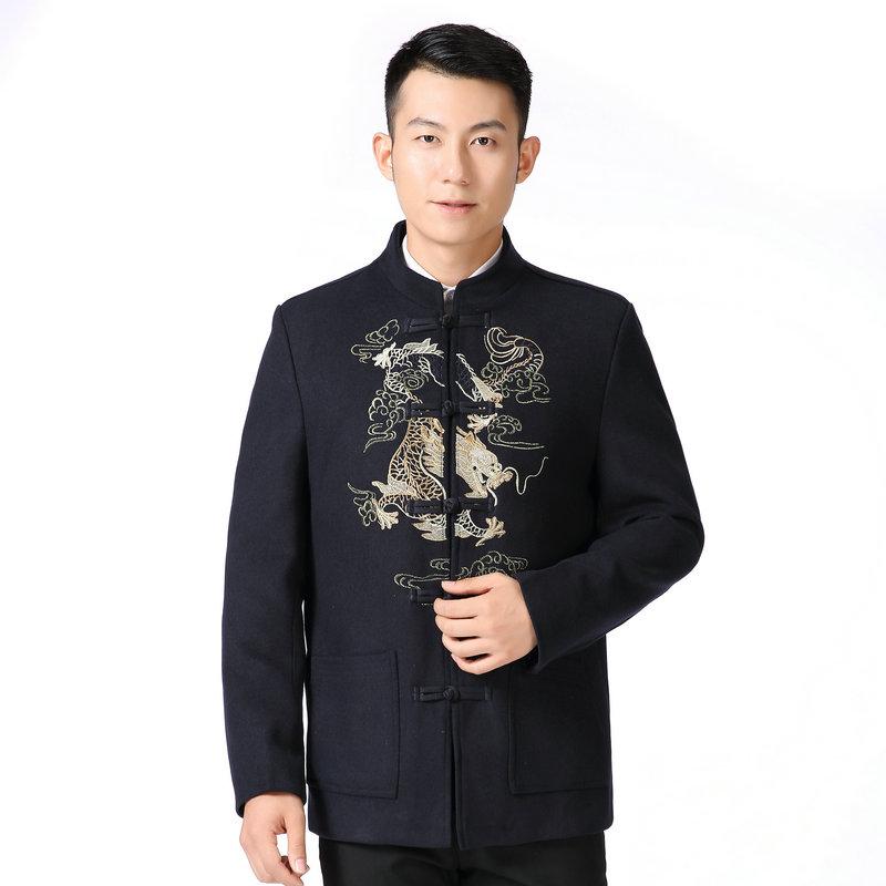 

Men's Suits & Blazers Men Oriental Tweed Ethnic Embroidery Wool Blend Jacket Man Mandarin Collar Mao Blazer Tunic Tangzhuang Suit, Navy blue mao blazer