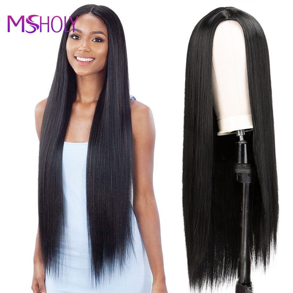 Long Straight Black Wig Synthetic Hair Wig With Bangs Red Burgundy Pink Ombre 613 Blonde Long Hair Wigs for Women Msholy-image-733540671