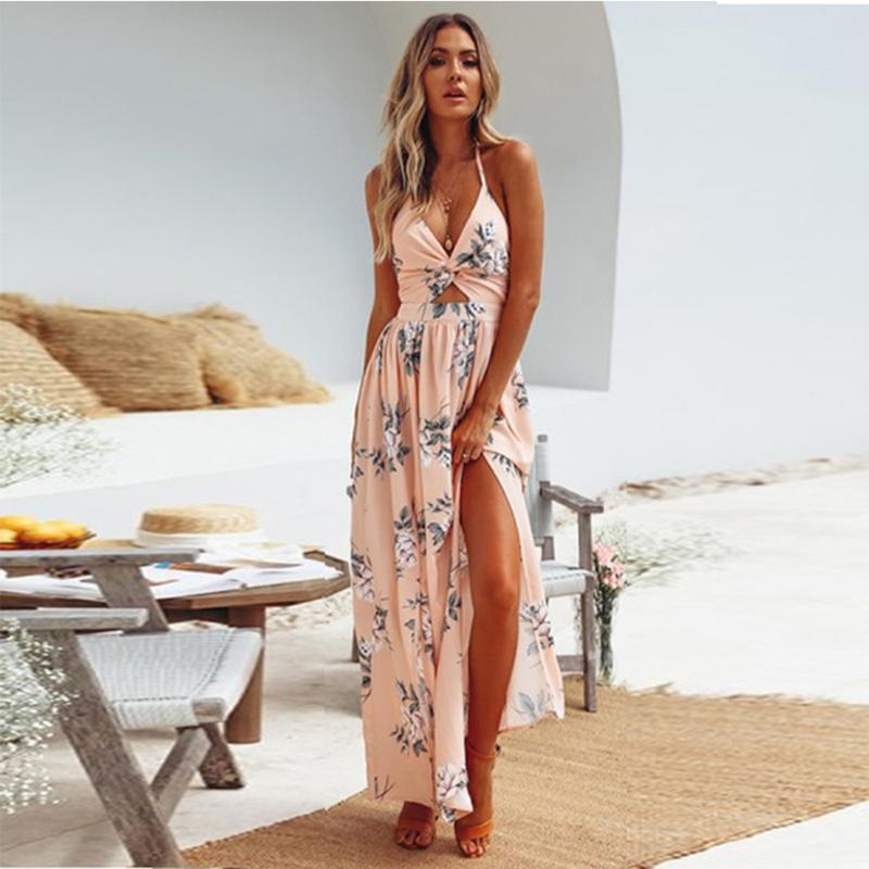 

Casual Dresses JIAYAN Vintage Party Sling V-neck Chiffon Printed Sexy Split Beach Long Dress Elegant Women' Clothing 2021, Pink