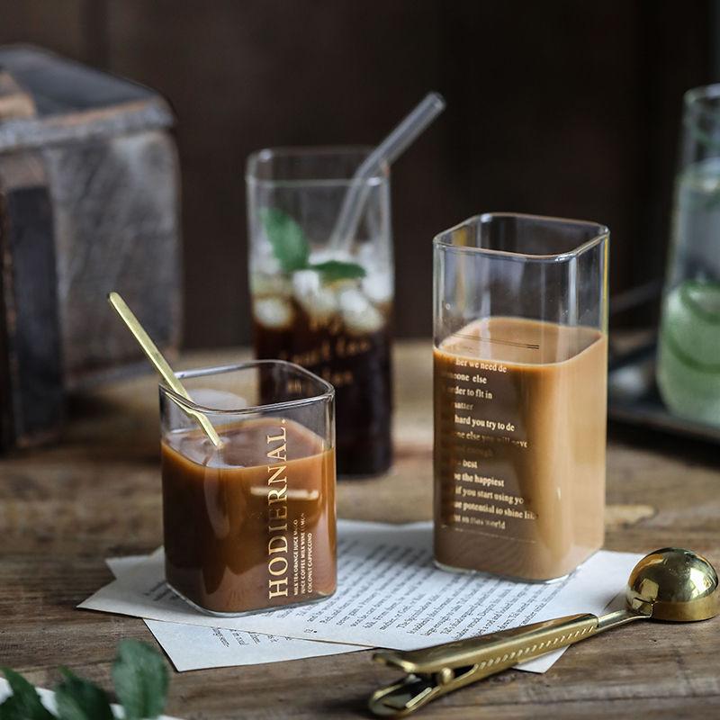 

Creative Heat-resistant Square Glass Cup Home Breakfast Milk Coffee Drink Mug Juice Transparent Belt Wine Glasses