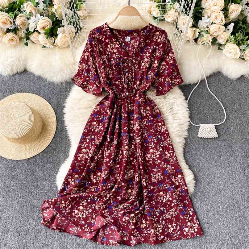 

Short Sleeve Dress Women Fashion Summer Lace-up V-neck Floral Print Slim A-line Casual Midi Vintage Party Robe 210603, Yellow