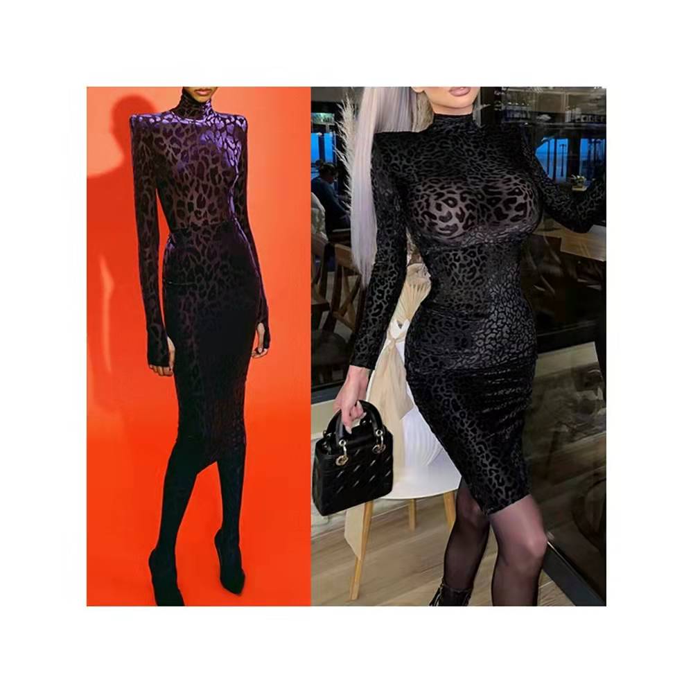 

Celebrity same paragraph velvet high neck stretch sexy dress, Black