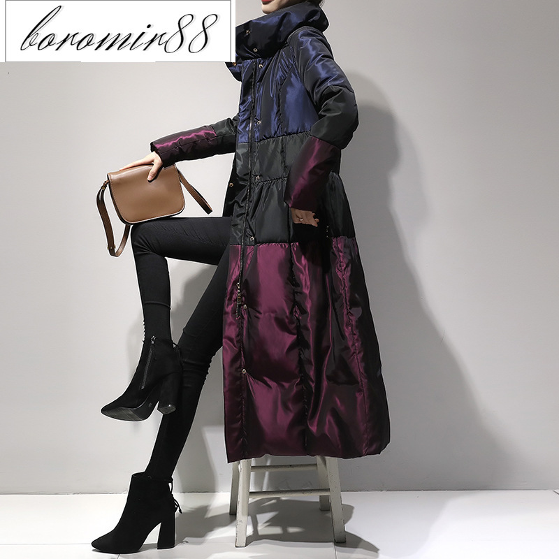 

Winter knee length stand collar zipper style large waistband slim and thick warm down jacket for women, Purple