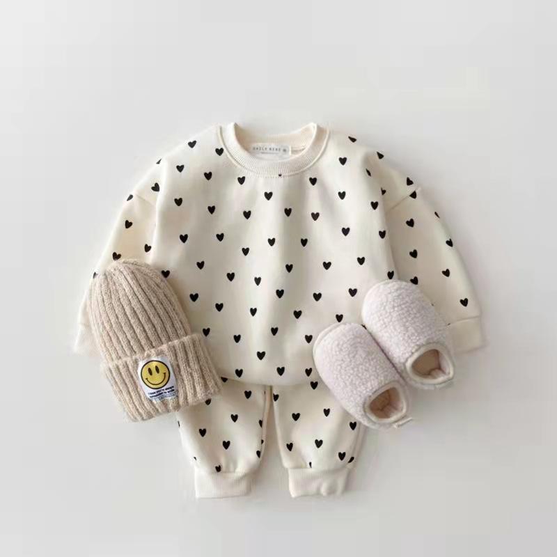 

Clothing Sets 0-5-year-old Children's Autumn And Winter Plush Sweater Versatile Boys Girls Love Printing Leisure Two-piece Set, White