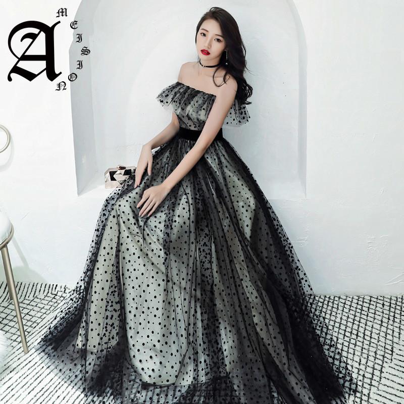 

Evening Dresses 2021 Spring Summer Dress Ruffles Off The Shoulder Party Gown Fashion Full Black Dot Pattern Long Formal, Black;red