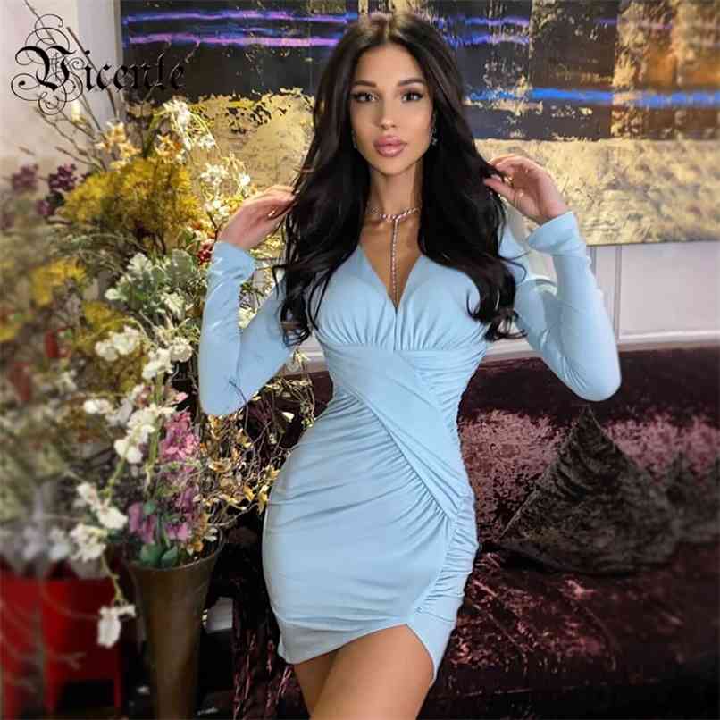 

Trendy Mint Blue Mini Dress Draped Design Sexy Deep V Neck Celebrity Party Club 210520, Black