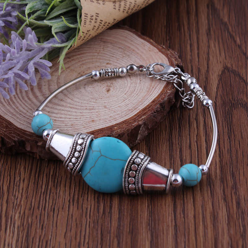 

geometry beaded Tibetan silver turquoise Link Chain Bracelets DYMTQB025 fashion gift national style women men's DIY bracelet