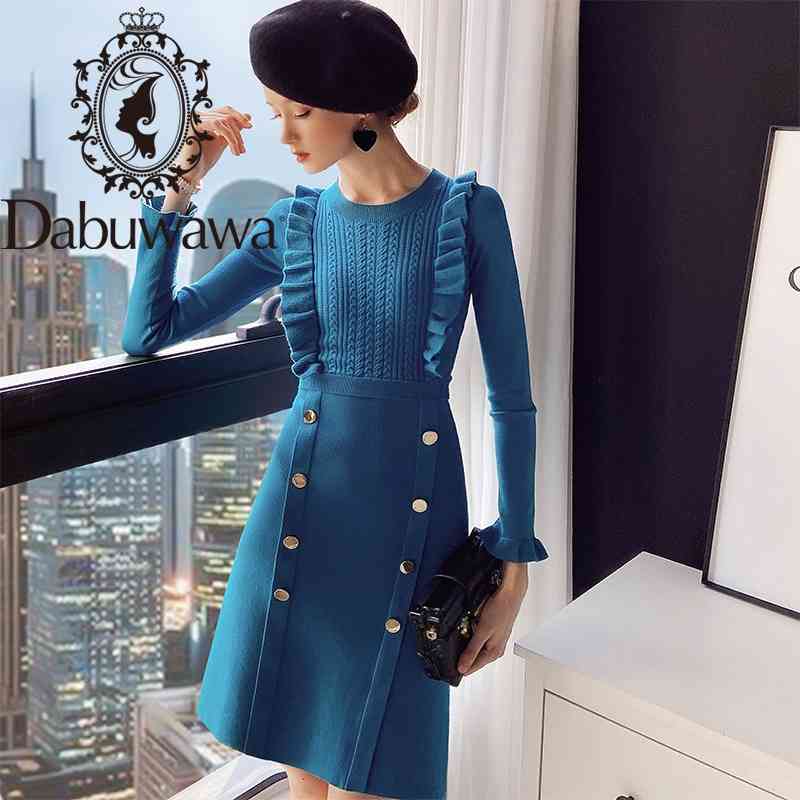 

Dabuwawa Sweet Ruffle O-Neck Dress Women Autumn Winter Warm Long Sleeve Double Breasted Solid Knitted Dress Ladies DT1DDR005 210520, Blue