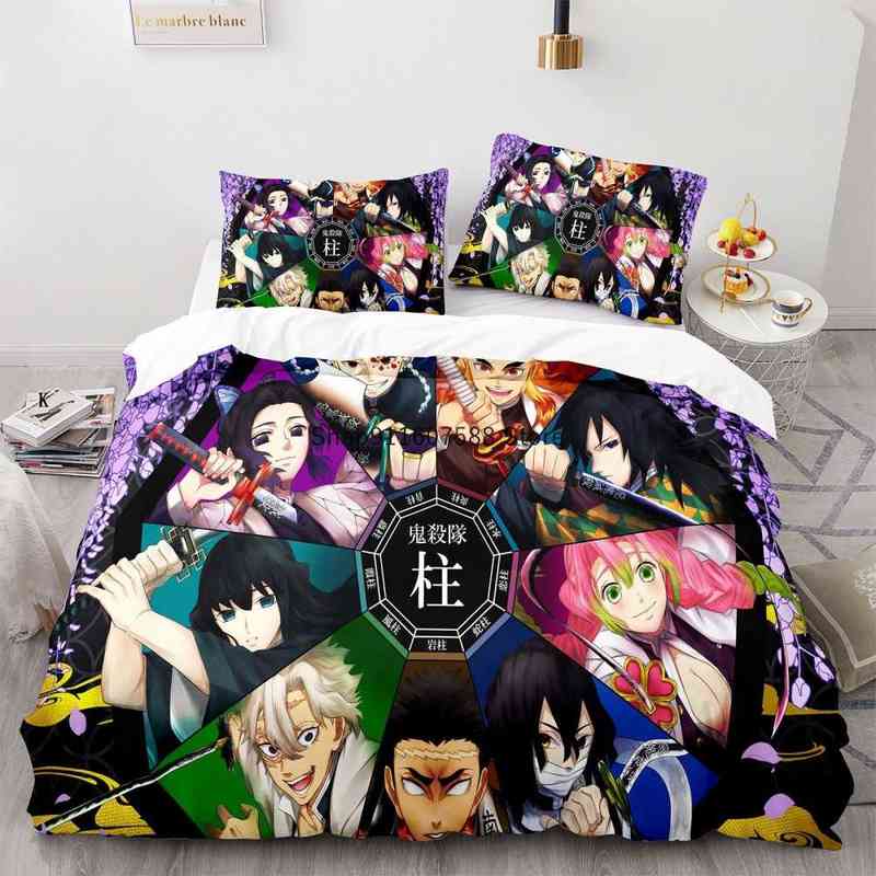 

New Demon Slayer Anime Printed Bedding Set Cartoon Kids Adults Duvet Cover Queen Size 3pieces Bedline Gift Bedroom Decor H1222