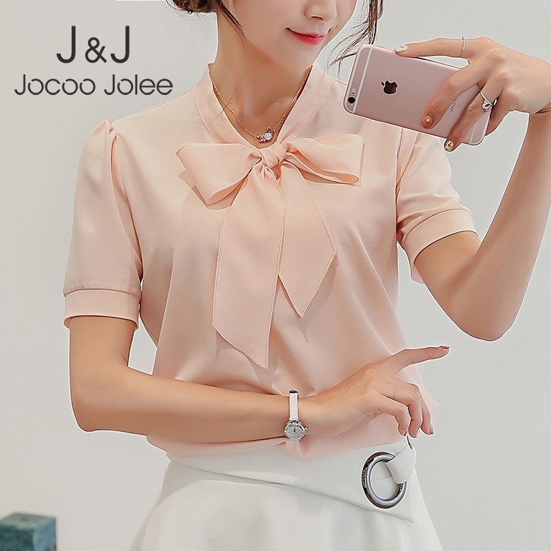 

Jocoo Jolee Blouses For Women Summer Women Tops Short Sleeve Casual Chiffon Blouse Female Work Wear Solid Pink Office Shirts 210518