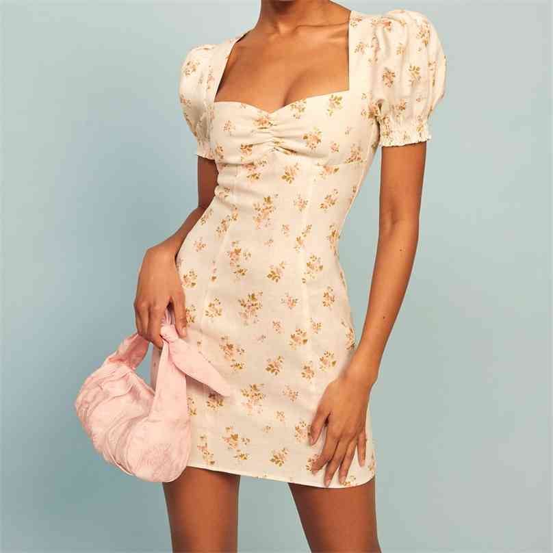 

France short sleeve summer women dresses Chic Center Ruched Women' mini dress Vintage Small Floral Print vestido 210520, Beige
