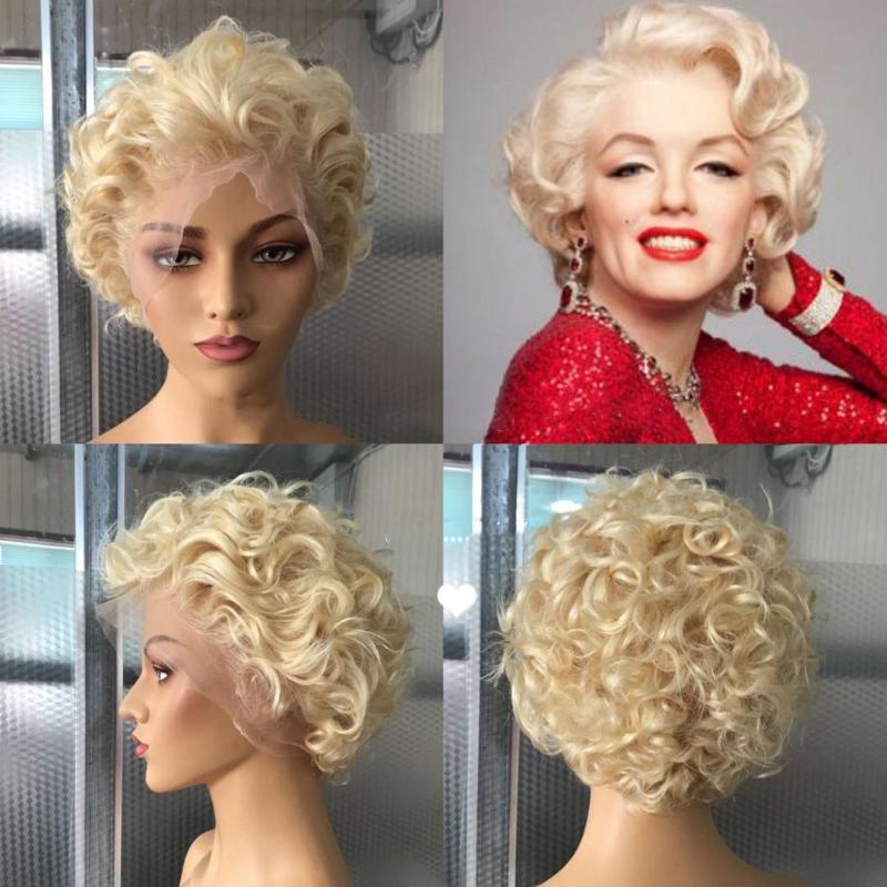 

Lace Wigs Short Wavy Colored Pixie Cut Wig Human Hair T Part 613 Blonde Frontal Loose Curly Bob Remy For Black Women, As pic