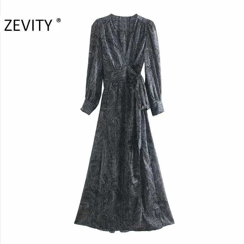 

ZEVITY women vintage cross v neck totem flower print bow sashes long dress female long sleeve kimono vestido chic dresses DS4472 210603, As pic ds4472o