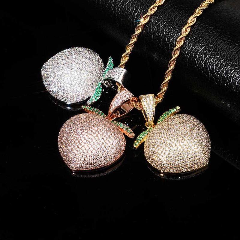 

Pendant Necklaces Hip Hop Cubic Zirconia Bling Iced Out Fruit Peach Pendants Necklace For Men Rapper Jewelry Gold Silver Color Rose