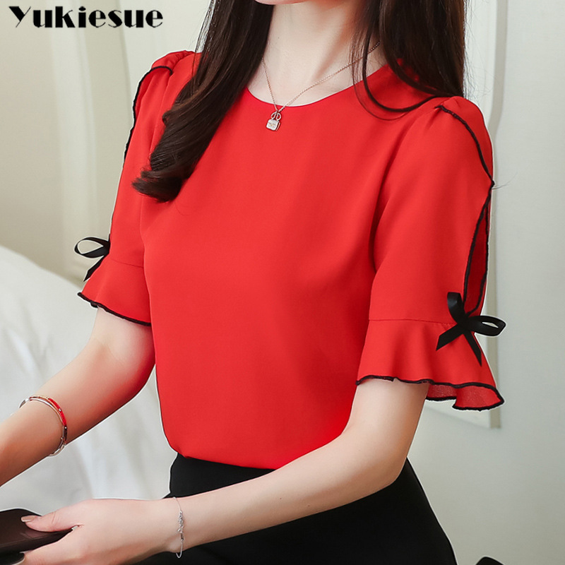 

summer women blouse shirt fashion hollow out bow short sleeve chiffon women's clothing sweet red feminine tops blusas 210518, Pink