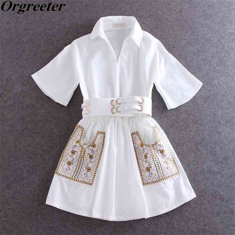 

Summer Fashion White Shirt Dress for Women Lapel Embroidery Floral Pockets A-line Mini With PU Belt 210602