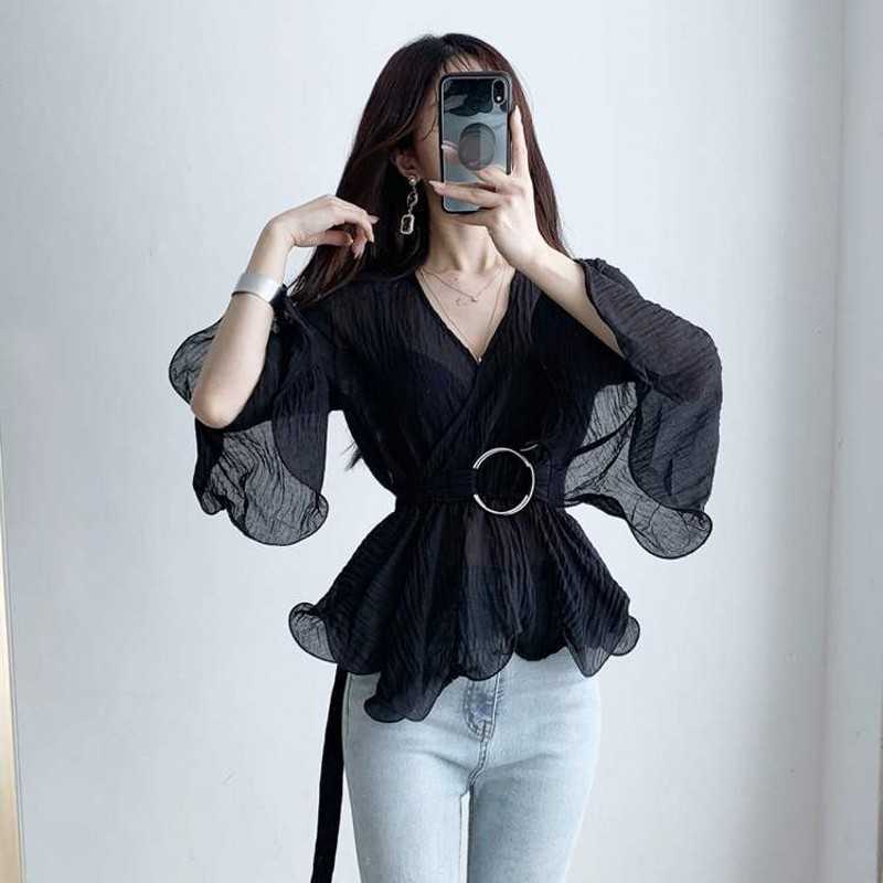 

Ruched Sexy Blouse Women Flare Sleeve V-NeckSheer Female Tops and Blouses Shirts Regular Streetwear 210601, Photo color