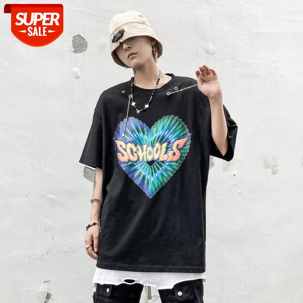 

Vibe style necklace design love print short-sleeved T-shirt men's street fun flow loose round neck five-point sleeves #wZ5C, White;black