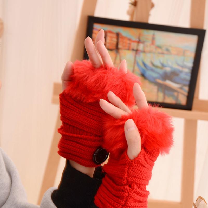 

Five Fingers Gloves Women Girl Warm Winter Faux Fur Wrist Fingerless Mittens Female Wool Blend Knitted Crochet
