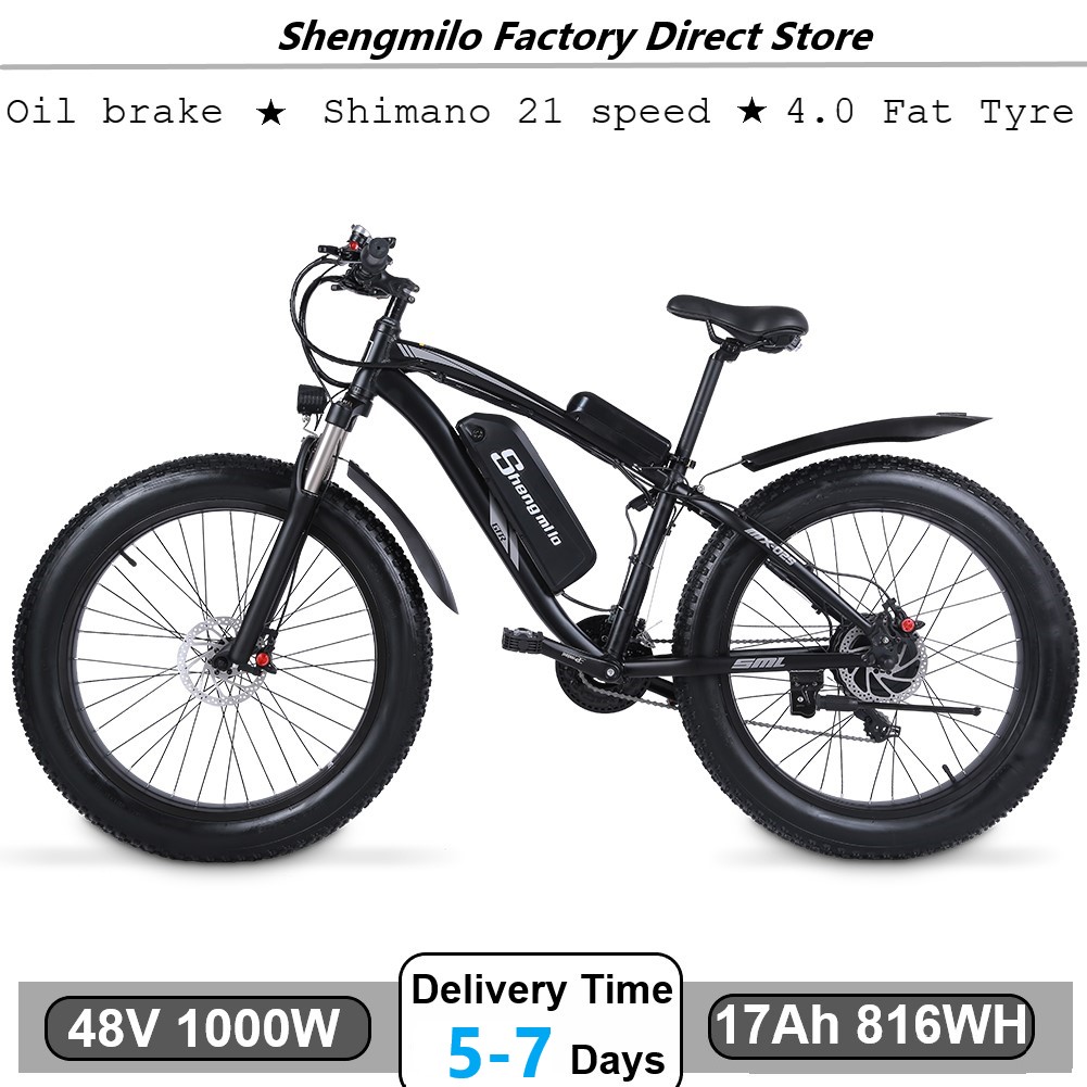 

Electric Bike Fat Tire 1000W Mountain Bike Ebike 17Ah 48V Li-ion City Bicycle E-bike Beach Cruise Unisex Shengmilo MX02S, 26 inches blue