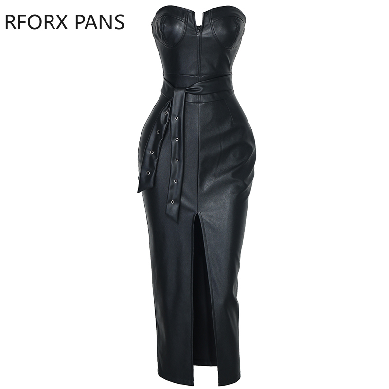 

2021solid tube slit coated pu dress women dress, Black;gray